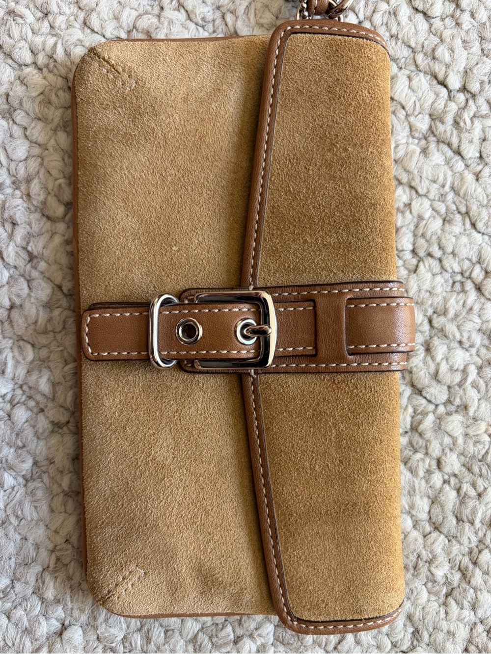 Coach Camel & Tan Suede Wristlet with Leather Belt Detail in Tan